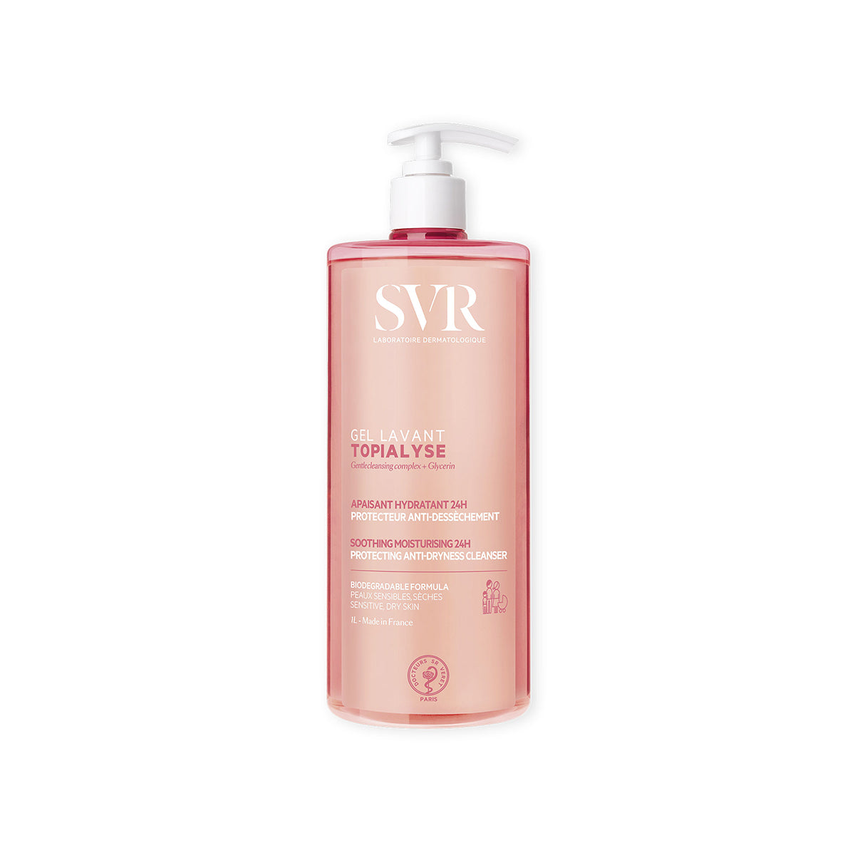 Flacon pompe transparent de 1L SVR TOPIALYSE Gel Lavant apaisant pour peaux sensibles, au design rose minimaliste.