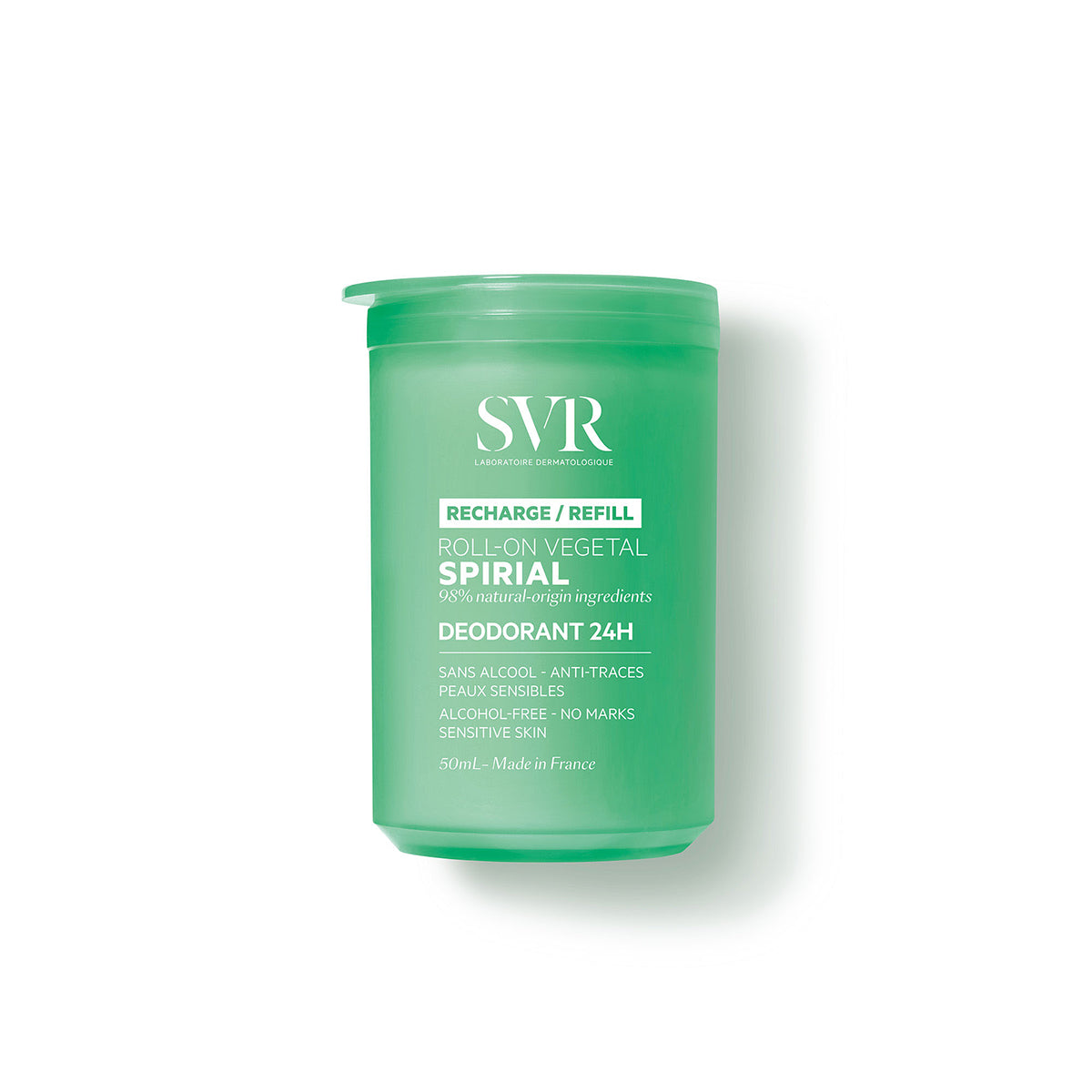 Recharge de déodorant SVR Spirial Roll-On Végétal 50ml dans un flacon cylindrique vert translucide avec texte blanc.