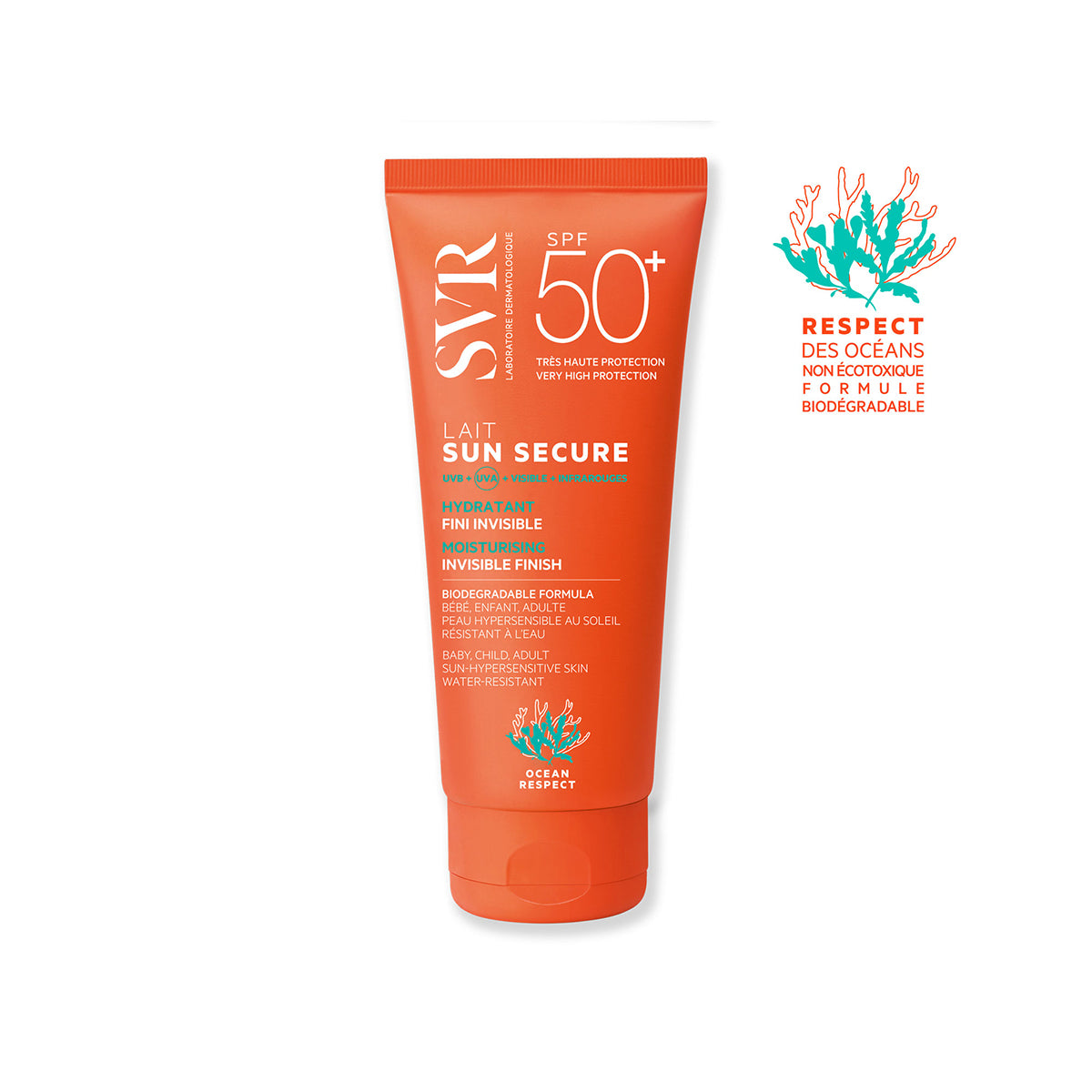 Tube de lait solaire SVR Sun Secure SPF50+ orange avec logo Ocean Respect et texte blanc sur fond blanc.