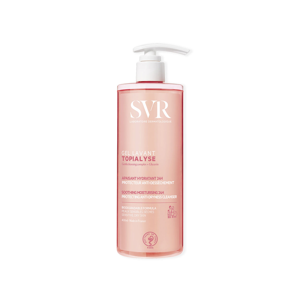 Flacon pompe transparent de 400ml SVR Topialyse Gel Lavant rose pour peaux sensibles et sèches.