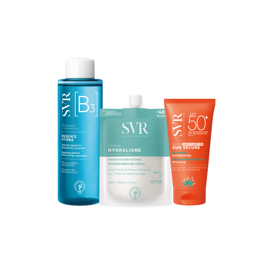 SVR skincare set featuring a blue B3 essence bottle, a Hydraliane cream pouch, and an orange Sun Secure SPF 50 tube.