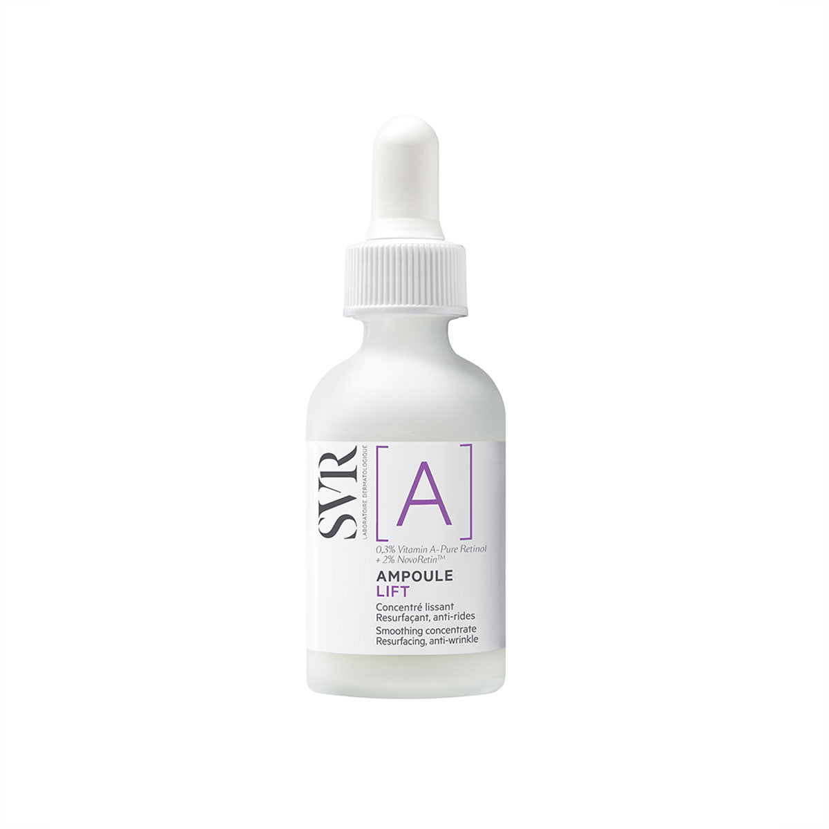 SVR Ampoule Lift retinol serum in a frosted glass dropper bottle with a white cap and purple label detailing anti-wrinkle benefits.