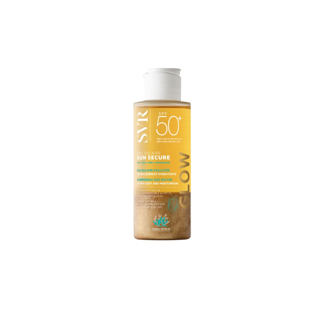 SVR SUN SECURE Eau Solaire Glow SPF50+ bottle with a gold gradient finish and white flip-top cap.