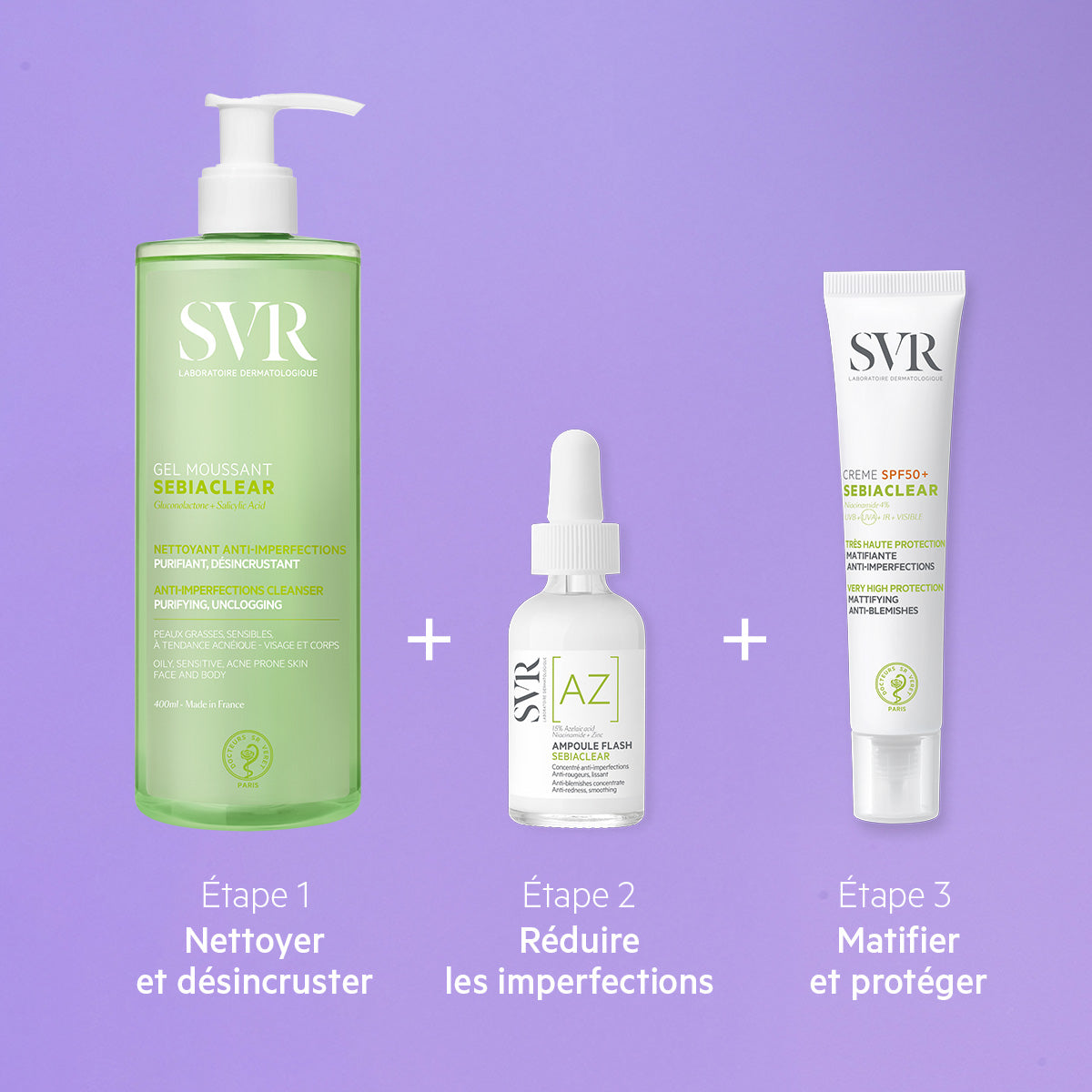 SVR Sebiaclear three-step skincare routine featuring a green cleanser pump bottle, an ampoule dropper, and a white SPF tube.