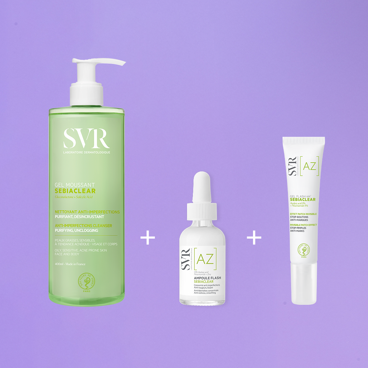 SVR Sebiaclear routine set featuring a green cleanser pump bottle, an AZ ampoule dropper, and a white spot treatment tube.