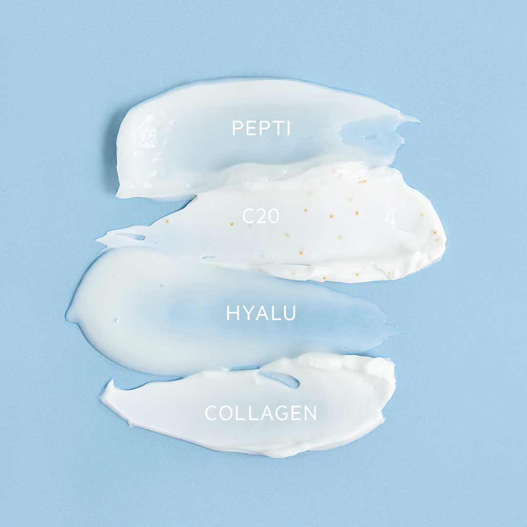 Four distinct skincare cream textures labeled PEPTI, C20, HYALU, and COLLAGEN on a light blue background.