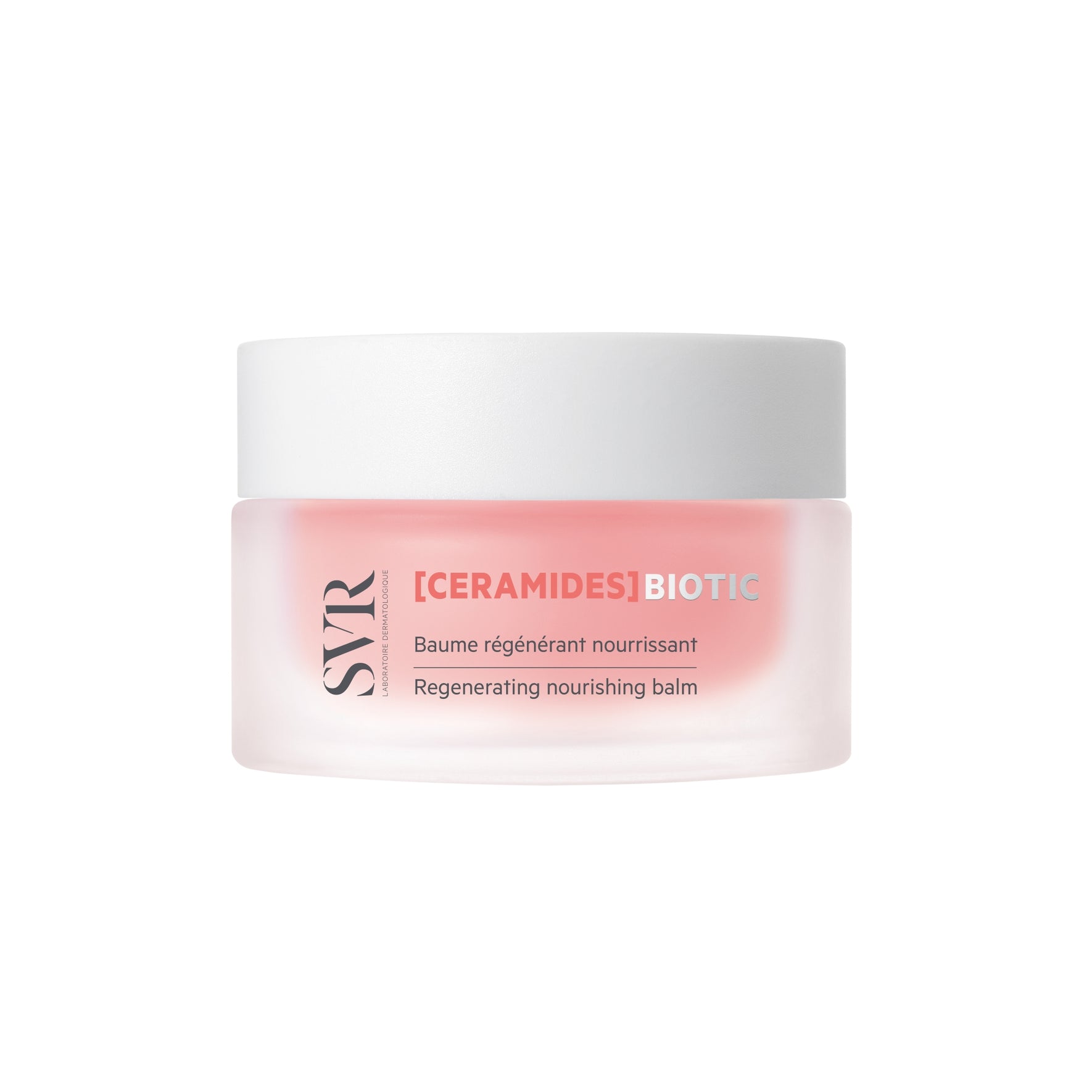 SVR [CERAMIDES] Biotic regenerating nourishing balm in a frosted pink glass jar with a white screw-top lid.