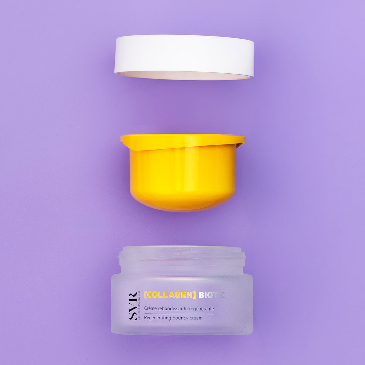 SVR [COLLAGEN] Biotic regenerating bouncy cream in a frosted glass jar with a yellow inner pot and white lid.