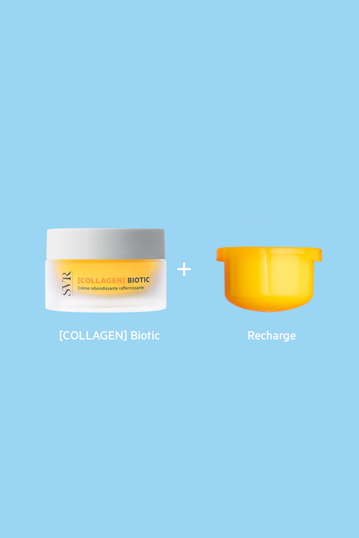 SVR Collagen Biotic firming cream jar with a bright yellow refill pod on a light blue background.