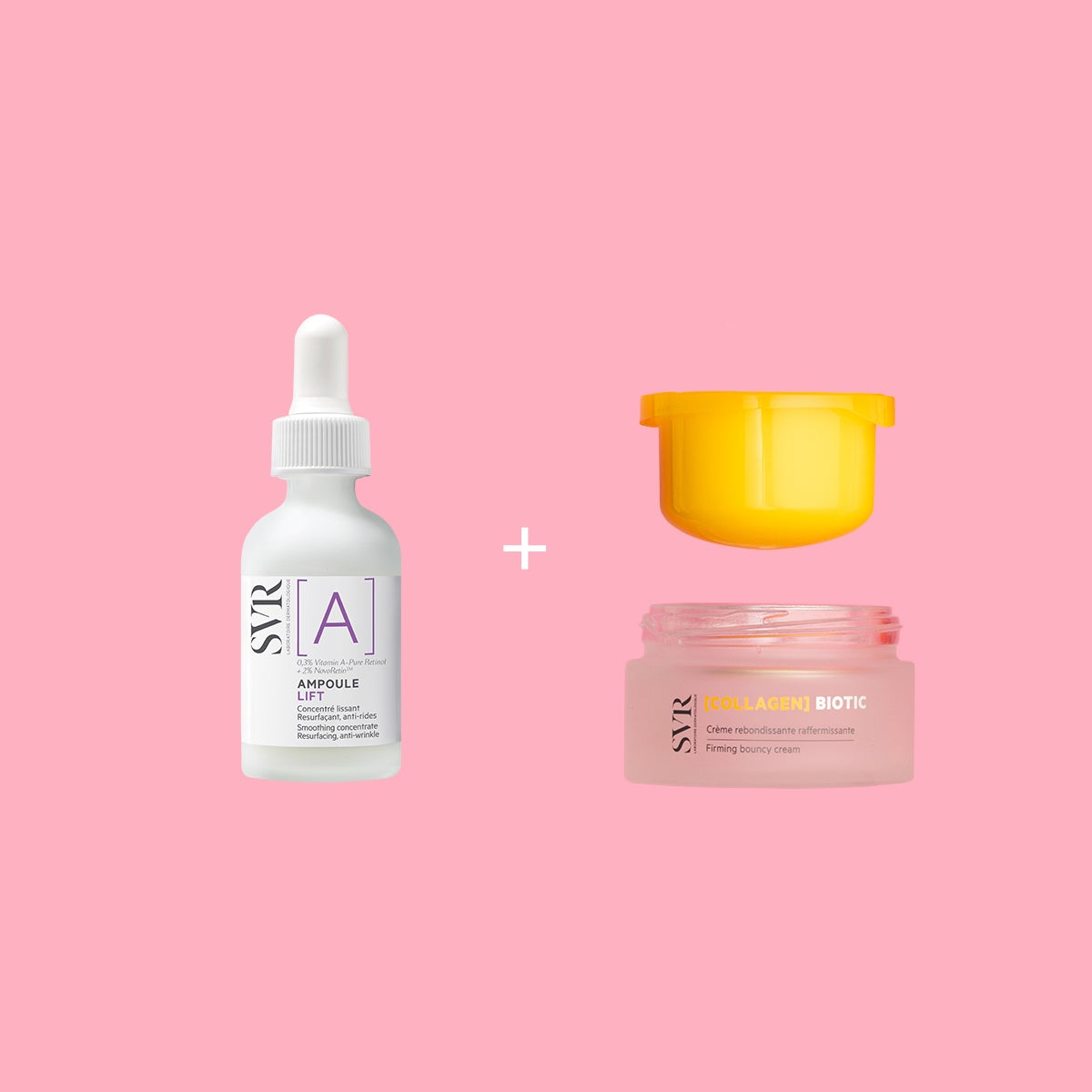 SVR Ampoule Lift serum and Collagen Biotic firming cream in a pink background set.