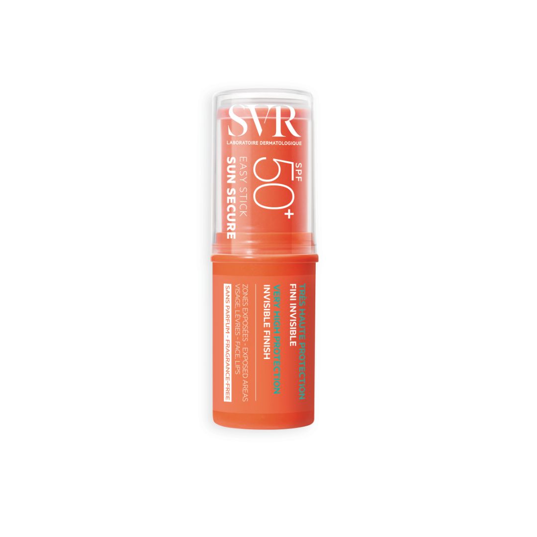 SVR SUN SECURE Easy Stick SPF50+ in a coral orange tube with a clear cap for face and lip sun protection.