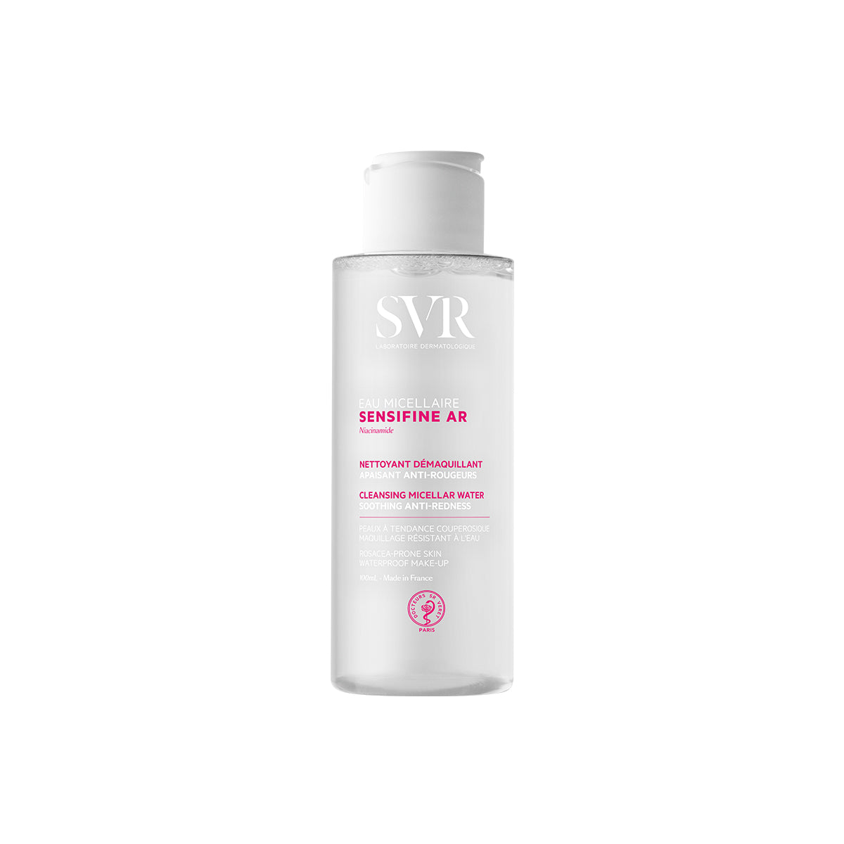 Flacon transparent de 100ml d'eau micellaire SVR Sensifine AR avec bouchon blanc, soin apaisant anti-rougeurs.