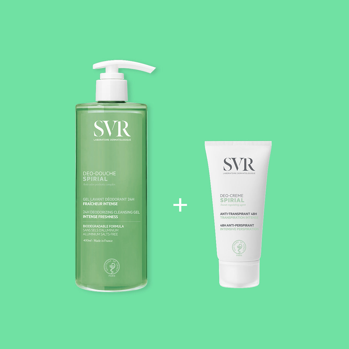 Duo SVR Spirial : flacon pompe de gel douche déodorant vert et tube de crème anti-transpirante blanche sur fond vert.