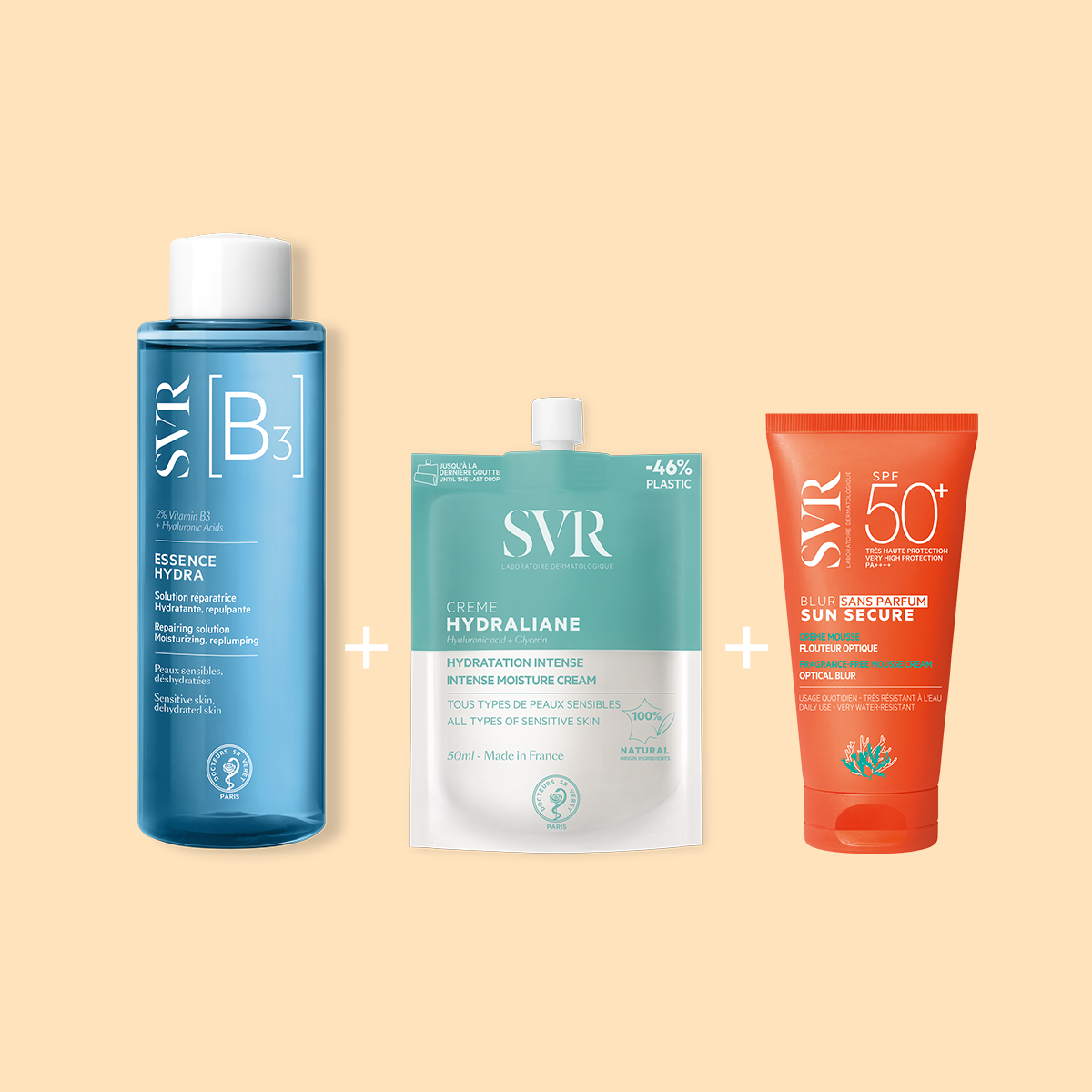 Routine de soins SVR avec flacon bleu Essence Hydra, recharge Hydraliane et tube solaire orange Sun Secure SPF 50+.