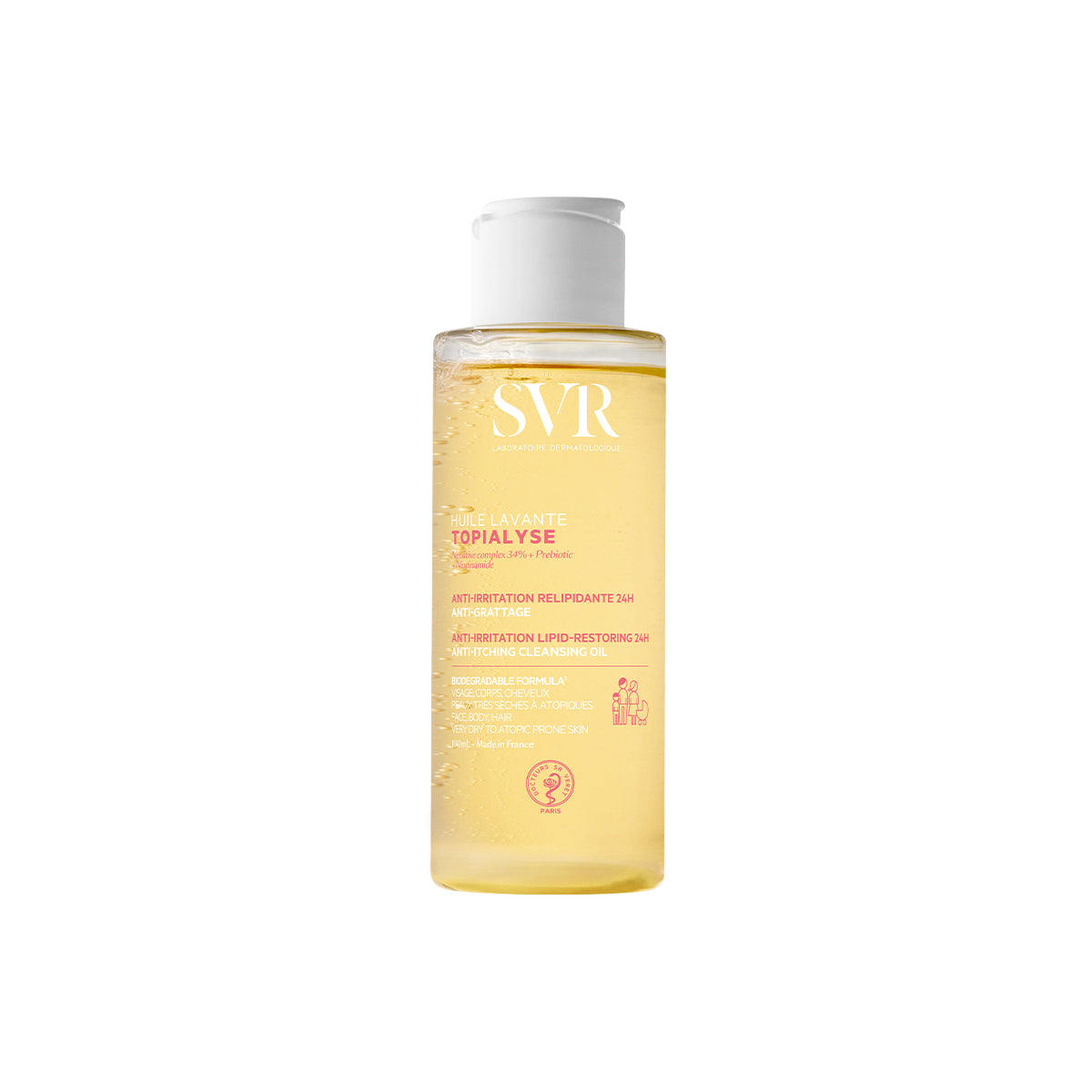 Flacon transparent de 400ml d'huile lavante SVR Topialyse avec bouchon blanc et liquide doré pour peaux atopiques.