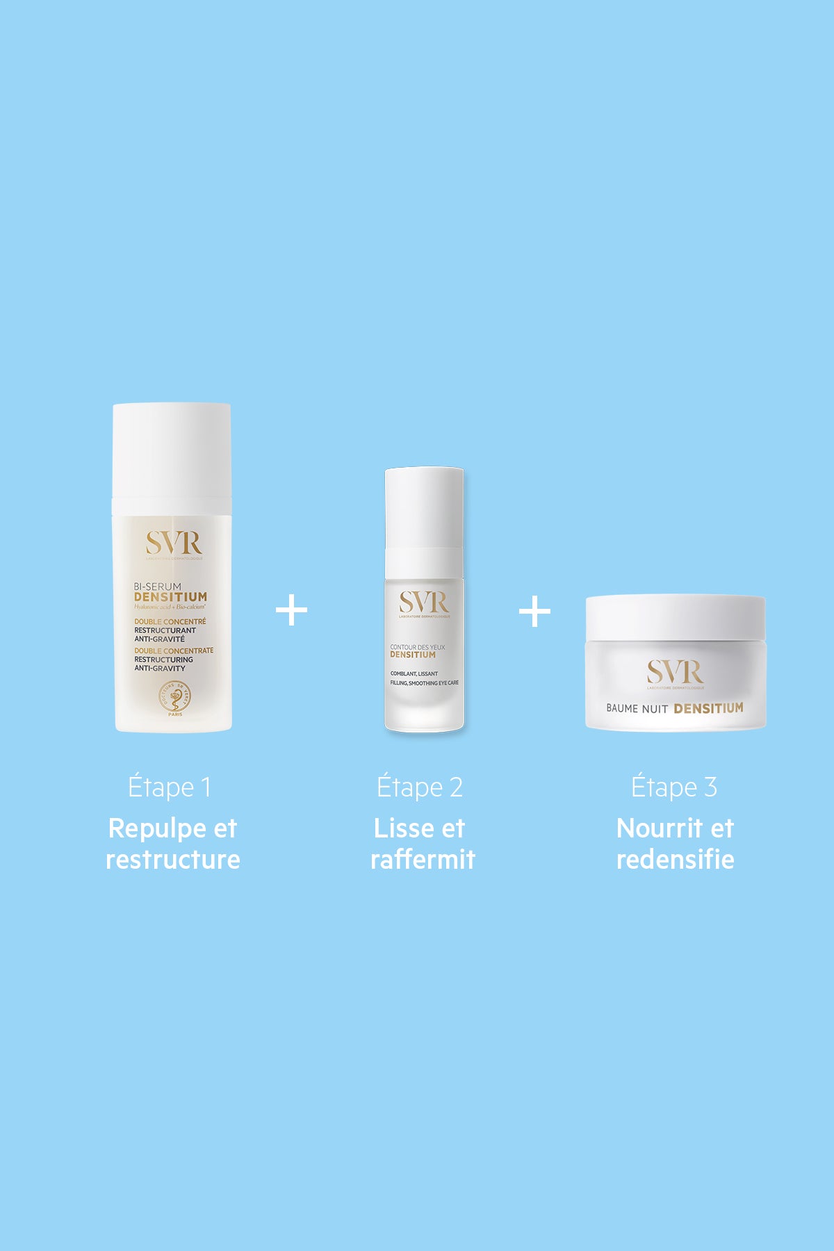SVR Densitium three-step skincare routine set with serum, eye cream, and night balm in white packaging on blue background.