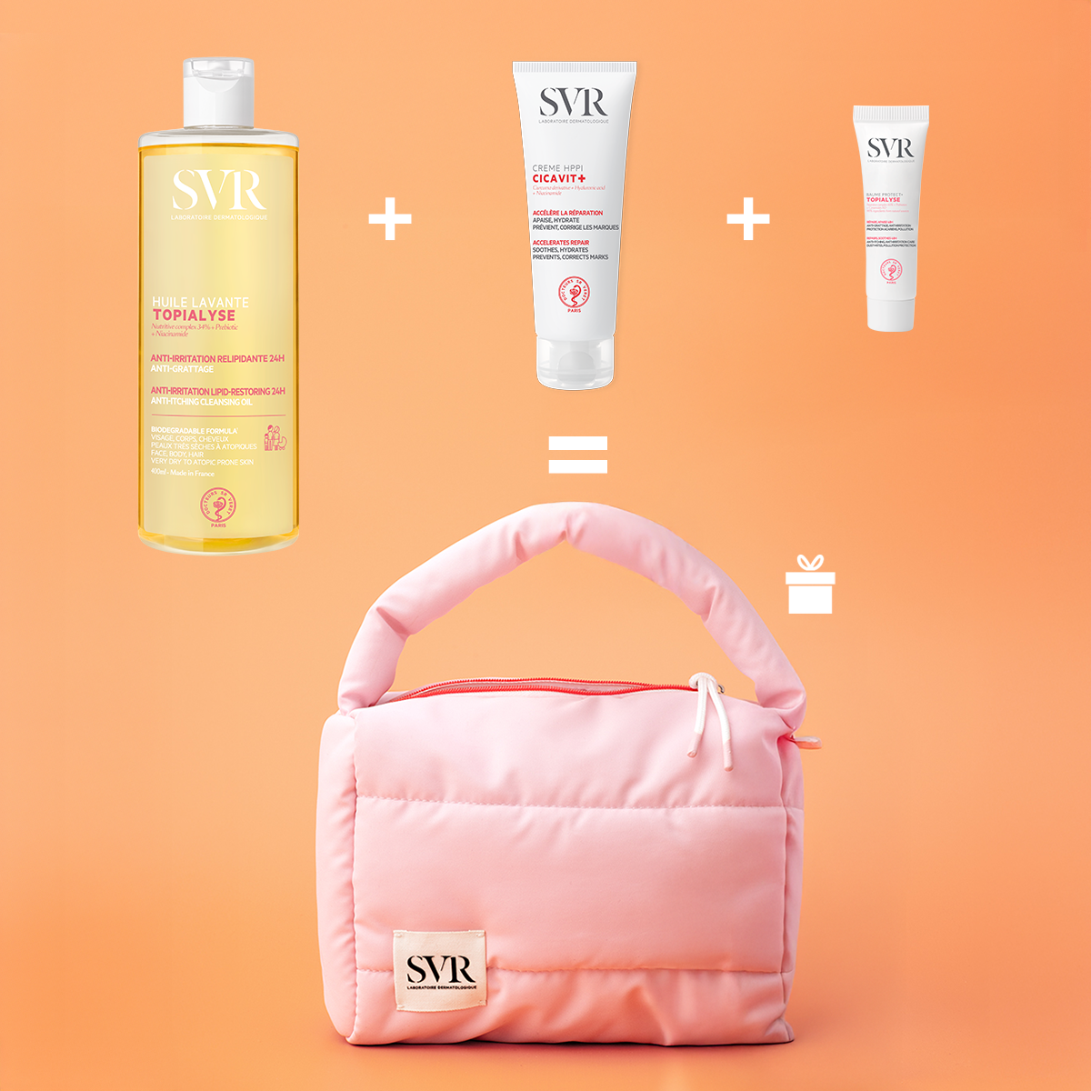 Trousse maternité rose matelassée avec soins SVR Topialyse et Cicavit+ sur fond orange.