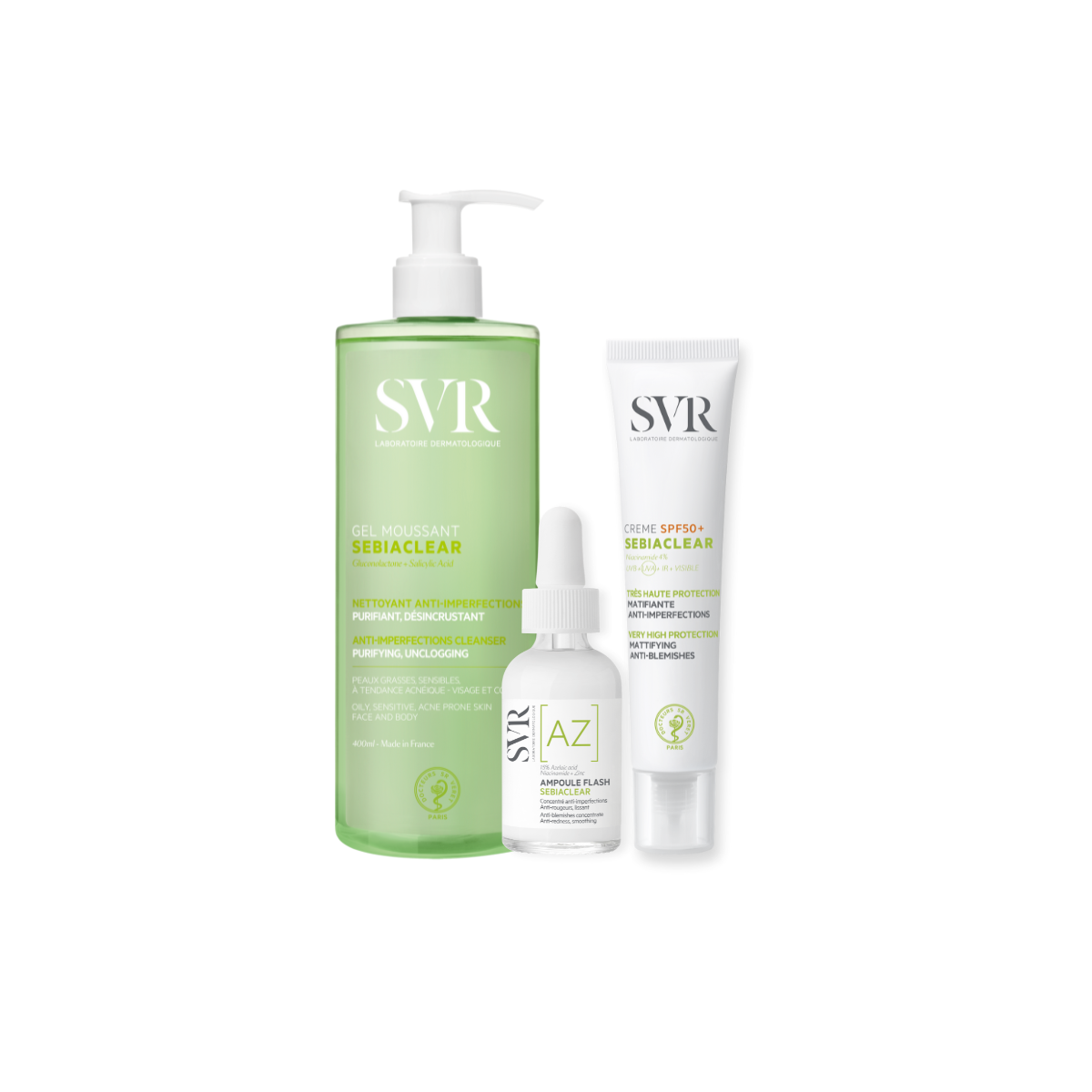 SVR Sebiaclear anti-imperfection skincare set featuring a green cleanser bottle, a serum dropper, and a white SPF cream tube.